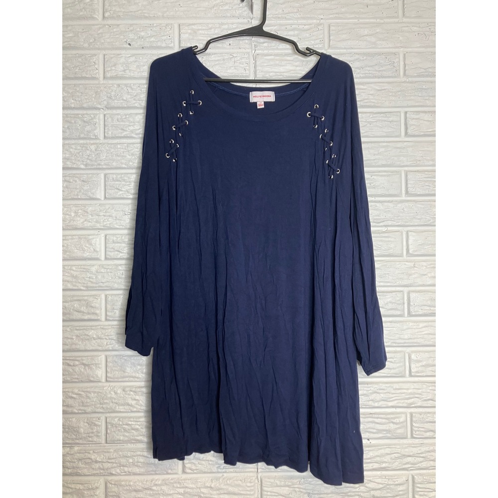 Molly & Isadora Tunic Top Women 4X Navy Blue Excellent Lace Up Shoulder SP19T185